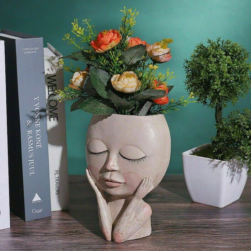 Creative Face Flower Pot Head Planter Pot Succulent Planter Resin Art Statue Sculpture Potted Decorative Ornaments Vase